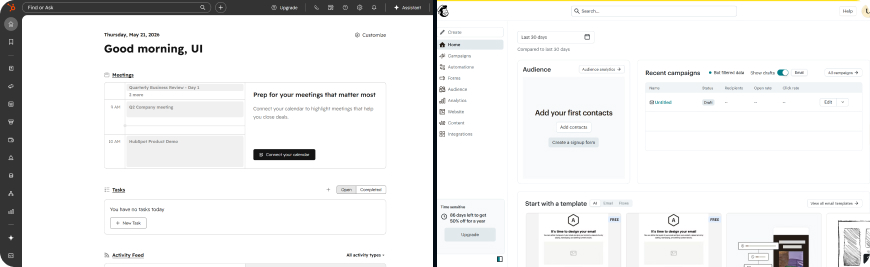 HubSpot Marketing Hub and Mailchimp dashboard interfaces compared side by side showing the main campaign view in both email marketing platforms
