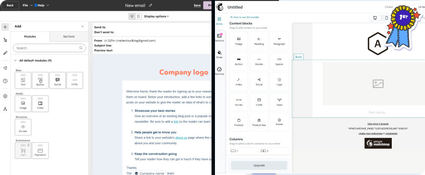 HubSpot email editor with CRM personalization tokens versus Mailchimp drag-and-drop email editor side by side — Mailchimp wins Round 2 for email design with a more polished builder and larger template library