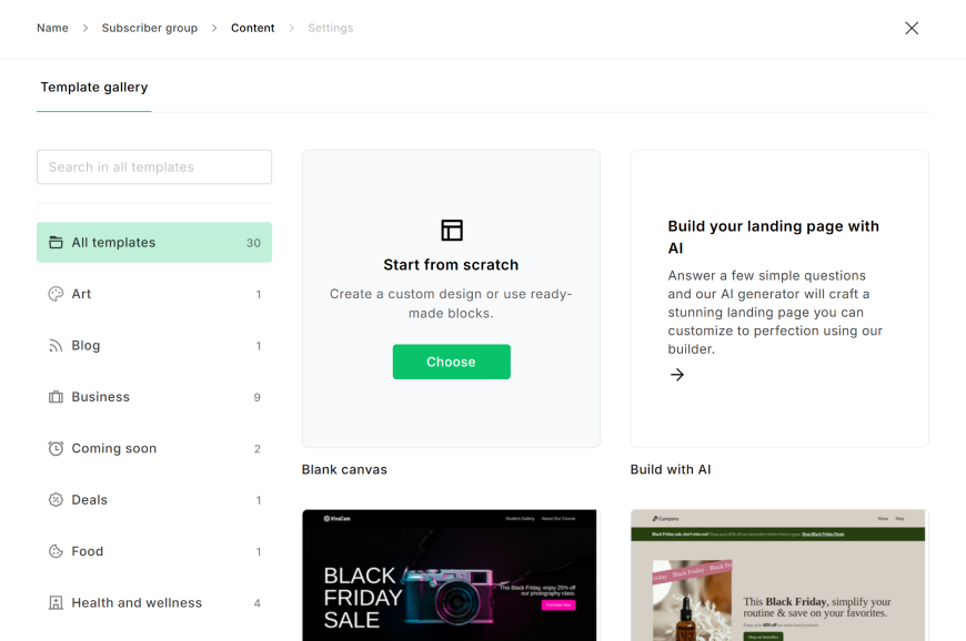 MailerLite landing page builder with drag-and-drop interface showing 10 free landing pages and a built-in website builder included on every plan including free
