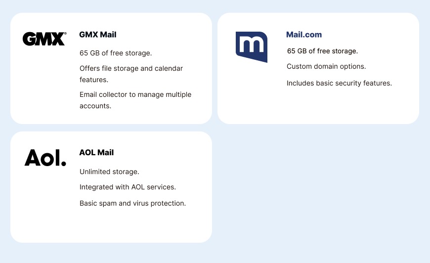 Free email providers compared: GMX Mail, Mail.com and AOL Mail